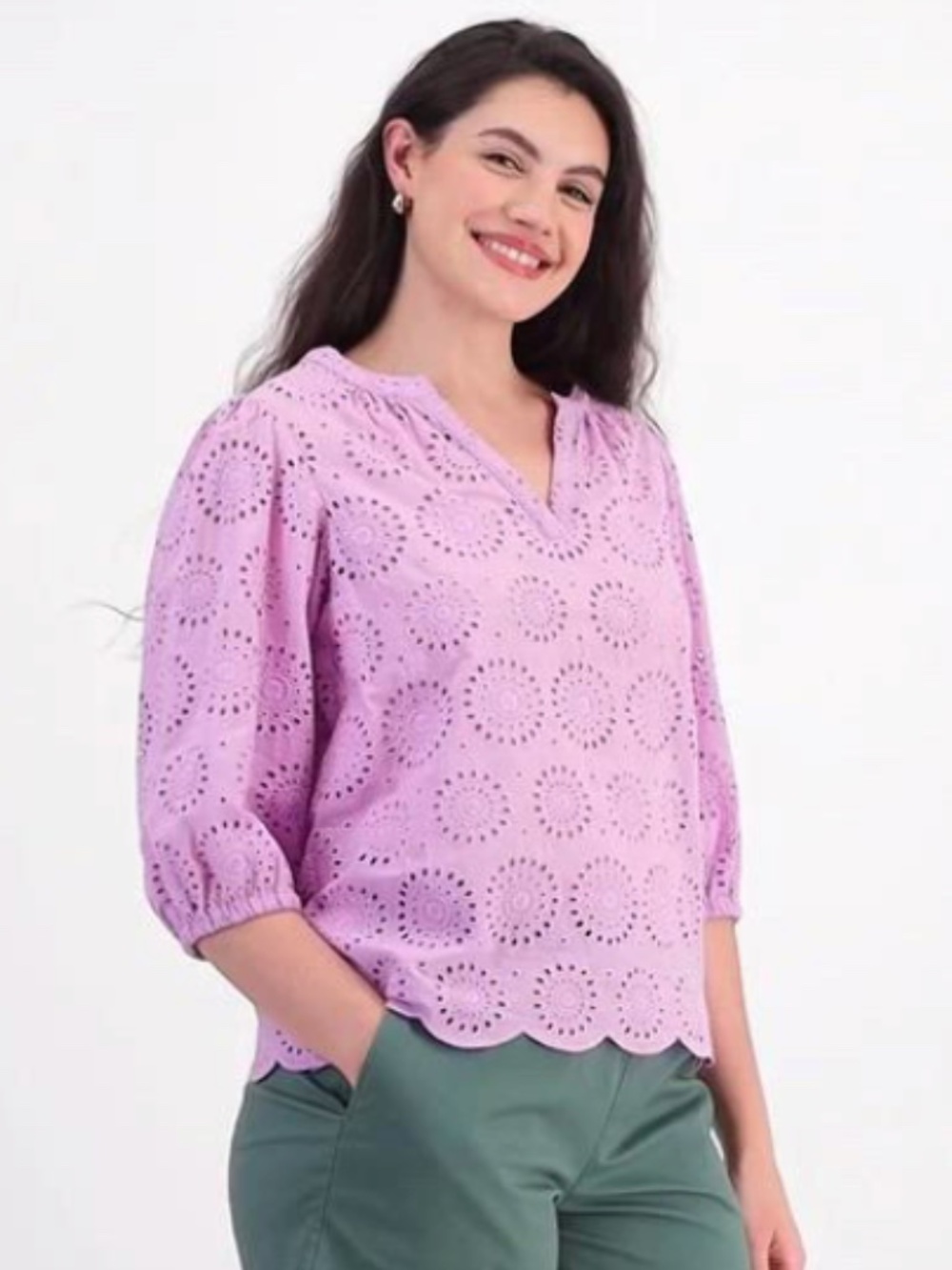 Eyelet Puff-Sleeve Blouse - S
